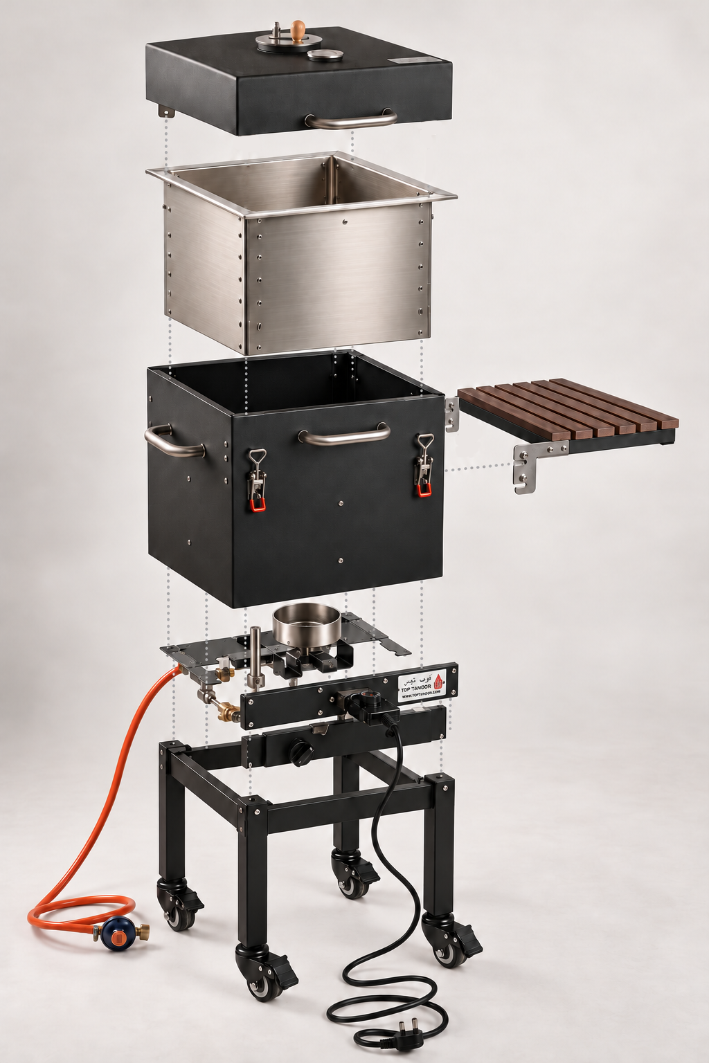 Exploded view of Al Shatti showing the lid, inner cooking chamber, insulated outer body and lower parts.